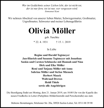 Todesanzeige von Olivia Möller von Uelzen