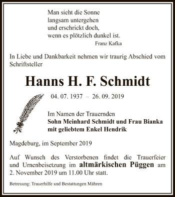 Todesanzeige von Hanns H. F. Schmidt von Uelzen