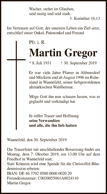Todesanzeige von Martin Gregor von Uelzen