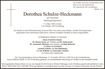 Todesanzeige von Dorothea Schulze-Heckmann von Uelzen