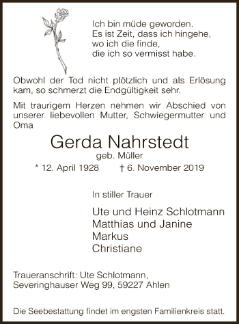 Todesanzeige von Gerda Nahrstedt von Uelzen