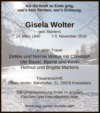 Todesanzeige von Gisela Wolter von Uelzen