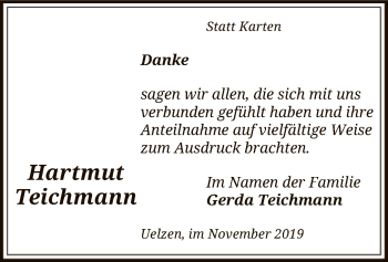 Todesanzeige von Hartmut Teichmann von Uelzen