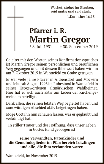 Todesanzeige von Martin Gregor von Uelzen