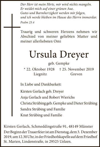 Todesanzeige von Ursula Dreyer von Uelzen