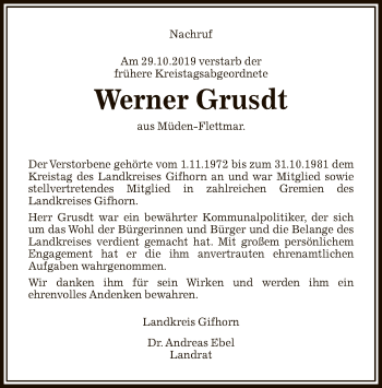 Todesanzeige von Werner Grusdt von Uelzen