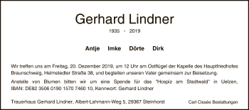 Todesanzeige von Gerhard Lindner von Uelzen