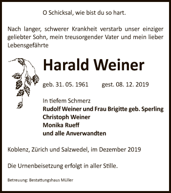 Todesanzeige von Harald Weiner von Uelzen