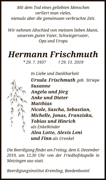 Todesanzeige von Hermann Frischmuth von Uelzen