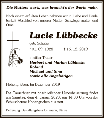 Todesanzeige von Lucie Lübbecke von Uelzen