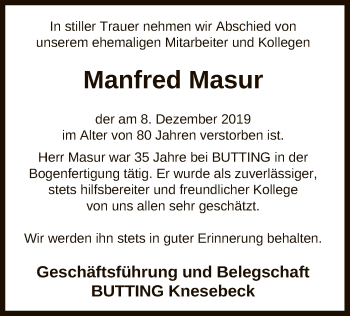 Todesanzeige von Manfred Masur von Uelzen