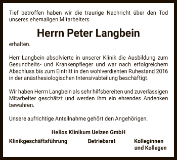 Todesanzeige von Peter Langbein von Uelzen
