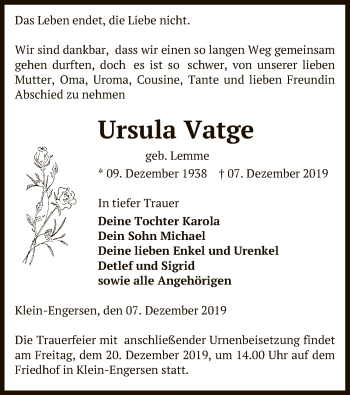 Todesanzeige von Ursula Vatge von Uelzen