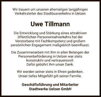 Todesanzeige von Uwe Tillmann von Uelzen