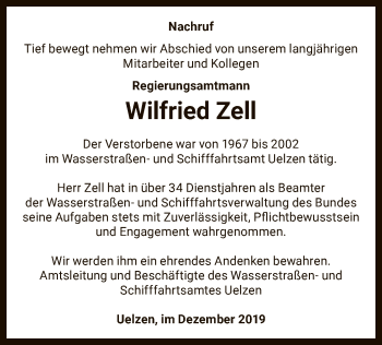 Todesanzeige von Wilfried Zell von Uelzen