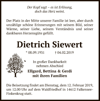 Todesanzeige von Dietrich Siewert von Uelzen