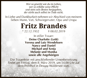 Todesanzeige von Fritz Brandes von Uelzen