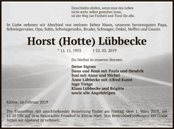 Todesanzeige von Horst Hotte Lübbecke von Uelzen