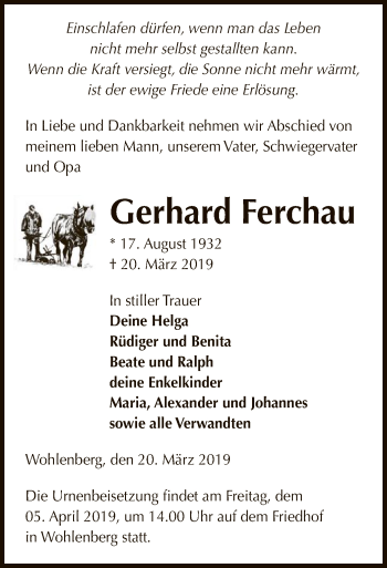Todesanzeige von Gerhard Ferchau von Uelzen
