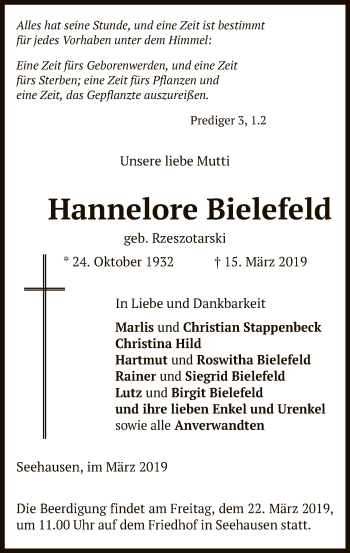 Todesanzeige von Hannelore Bielefeld von Uelzen