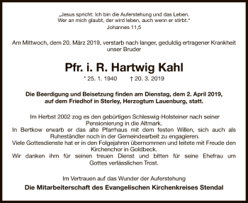 Todesanzeige von Hartwig Kahl von Uelzen