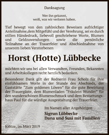 Todesanzeige von Horst Lübbecke von Uelzen