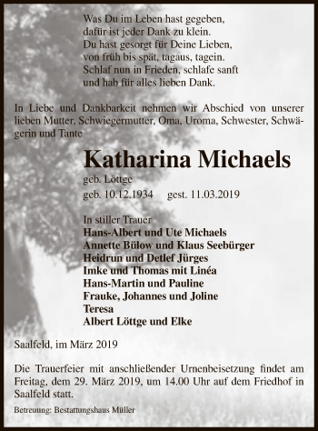 Todesanzeige von Katharina Michaels von Uelzen