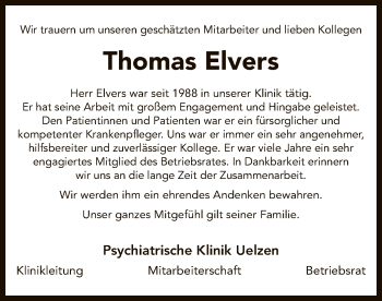 Todesanzeige von Thomas Elvers von Uelzen