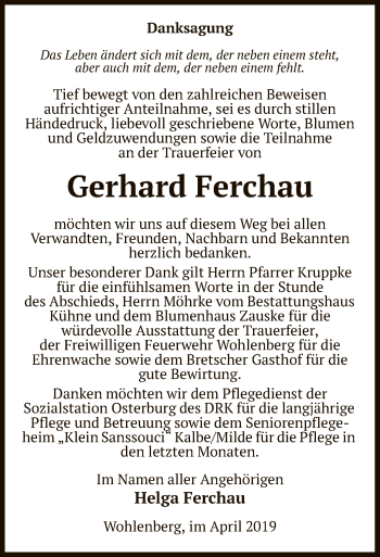 Todesanzeige von Gerhard Ferchau von Uelzen