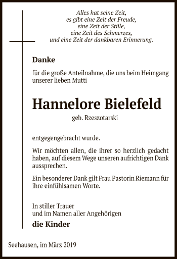 Todesanzeige von Hannelore Bielefeld von Uelzen
