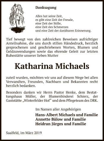 Todesanzeige von Katharina Michaels von Uelzen