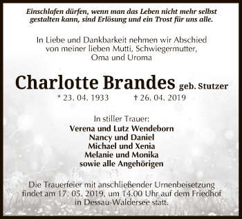 Todesanzeige von Charlotte Brandes von Uelzen