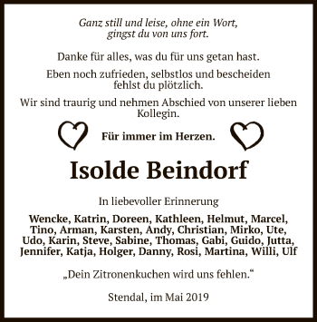 Todesanzeige von Isolde Beindorf von Uelzen