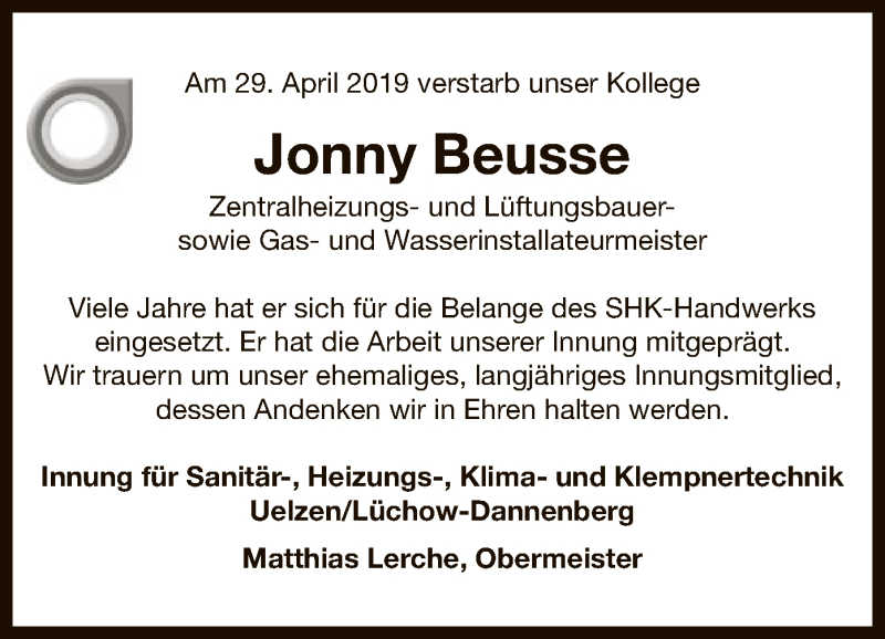  Traueranzeige für Jonny Beusse vom 07.05.2019 aus Uelzen