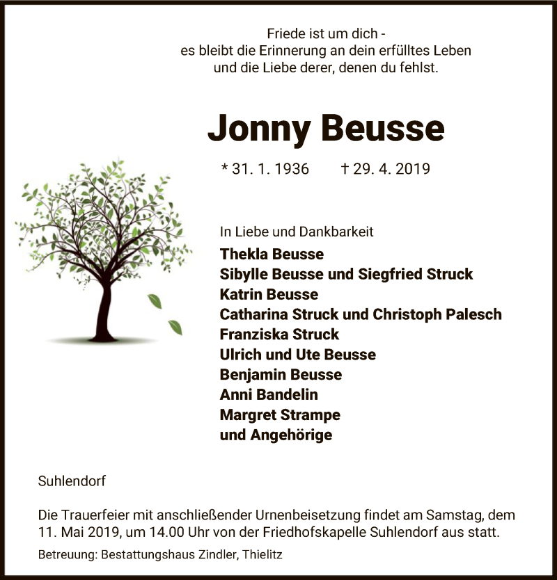  Traueranzeige für Jonny Beusse vom 04.05.2019 aus Uelzen