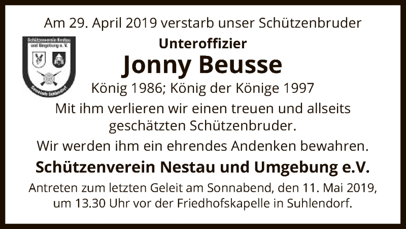  Traueranzeige für Jonny Beusse vom 07.05.2019 aus Uelzen