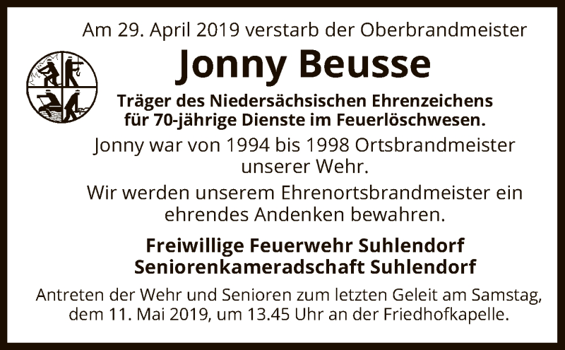  Traueranzeige für Jonny Beusse vom 07.05.2019 aus Uelzen