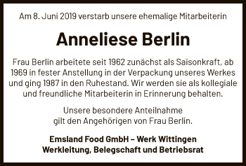 Todesanzeige von Anneliese Berlin von Uelzen