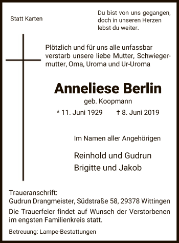 Todesanzeige von Anneliese Berlin von Uelzen