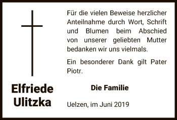 Todesanzeige von Elfriede Ulitzka von Uelzen