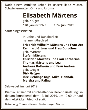 Todesanzeige von Elisabeth Märtens von Uelzen
