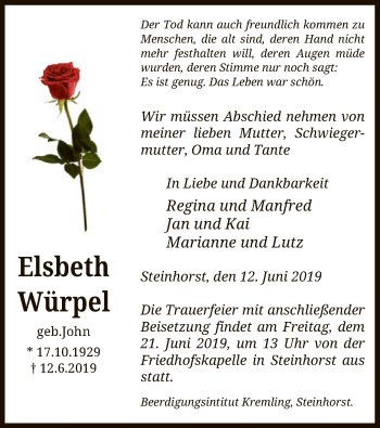 Todesanzeige von Elsbeth Würpel von Uelzen