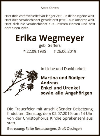 Todesanzeige von Erika Wegmeyer von Uelzen
