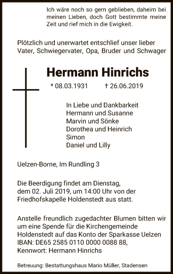Todesanzeige von Hermann Hinrichs von Uelzen
