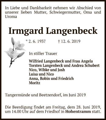 Todesanzeige von Irmgard Langenbeck von Uelzen