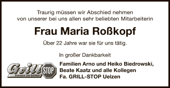 Todesanzeige von Maria Roßkopf von Uelzen
