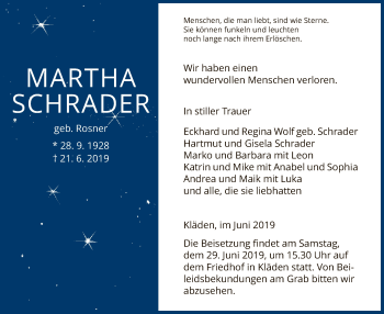 Todesanzeige von Martha Schrader von Uelzen
