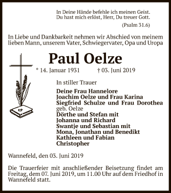 Todesanzeige von Paul Oelze von Uelzen