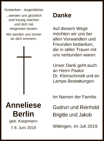 Todesanzeige von Anneliese Berlin von Uelzen