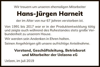 Todesanzeige von Hans-Jürgen Harneit von Uelzen